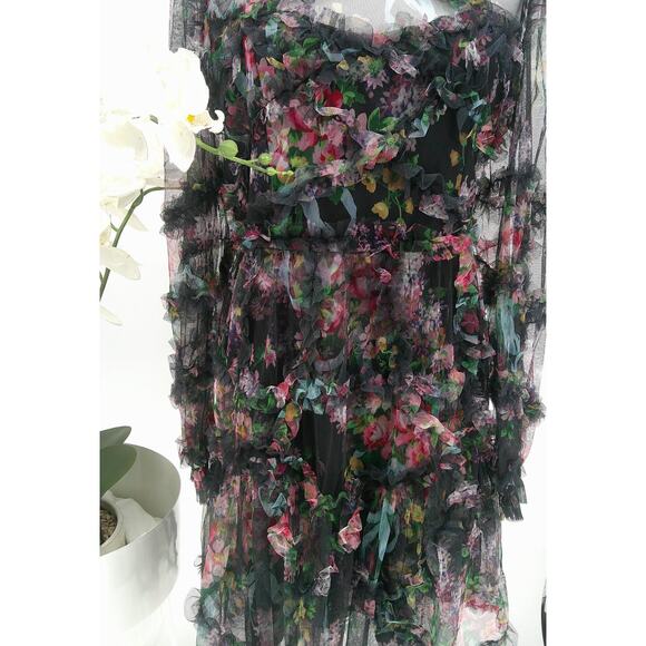 Beulah Womens Large Sheer Black Floral Ruffle Tull Mesh Romantic Mini Dress - Picture 3 of 14